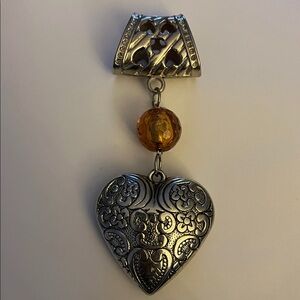 Silver Heart Pendant with Amber Accent ball Brighton inspired aprox 5” New